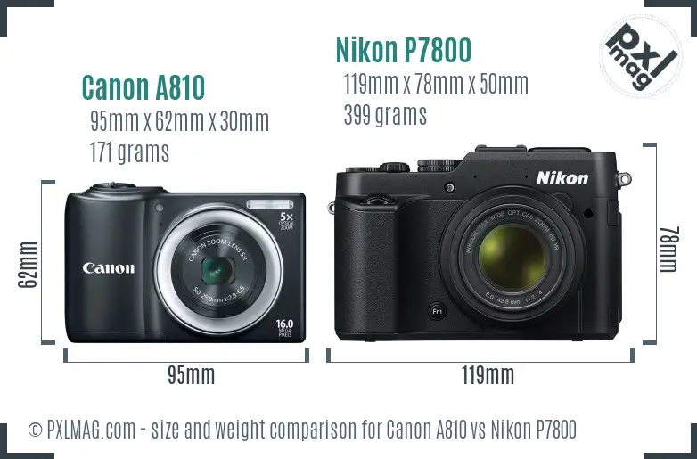 Canon A810 vs Nikon P7800 size comparison