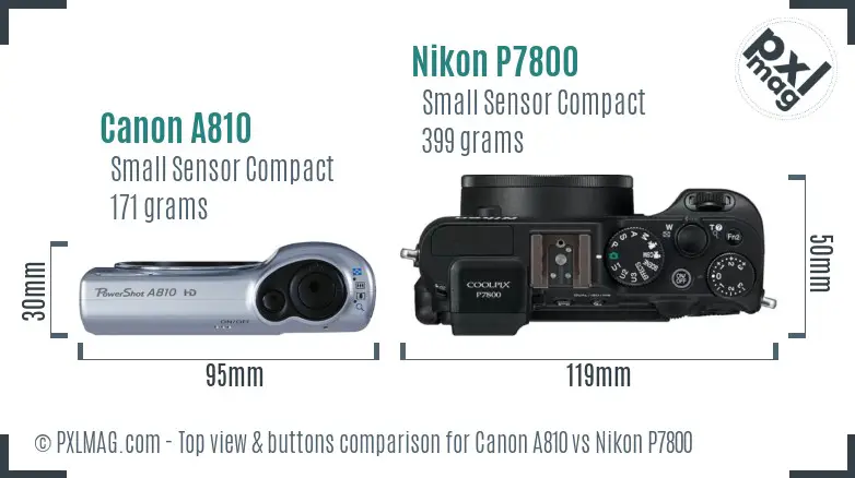 Canon A810 vs Nikon P7800 top view buttons comparison
