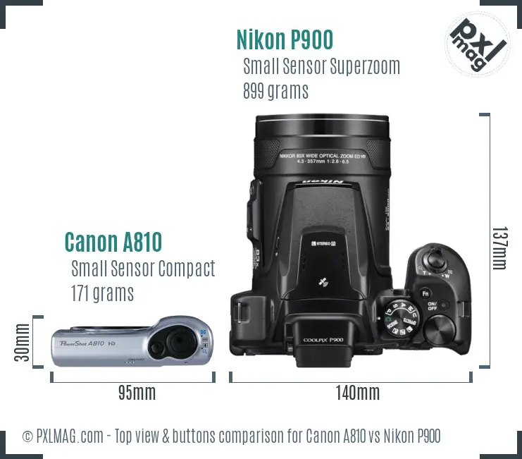 Canon A810 vs Nikon P900 top view buttons comparison Canon A810 vs Nikon P900 top view buttons comparison