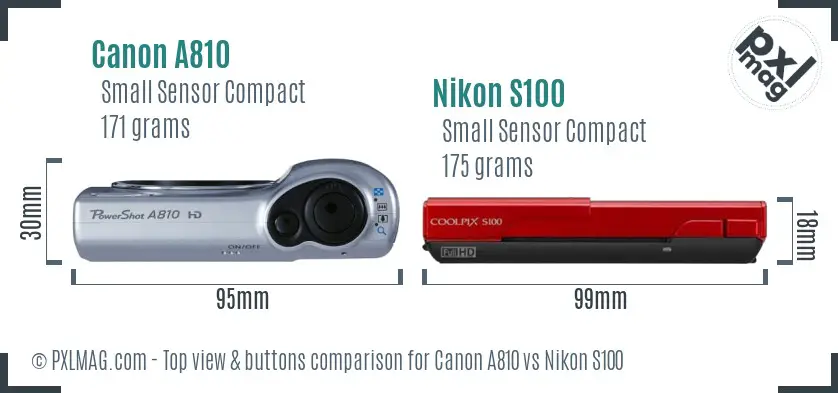 Canon A810 vs Nikon S100 top view buttons comparison Canon A810 vs Nikon S100 top view buttons comparison