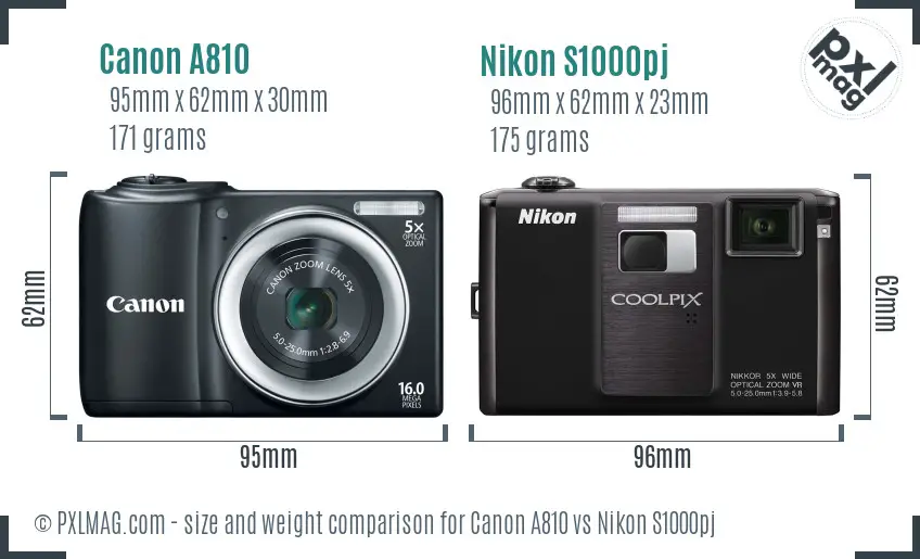 Canon A810 vs Nikon S1000pj size comparison