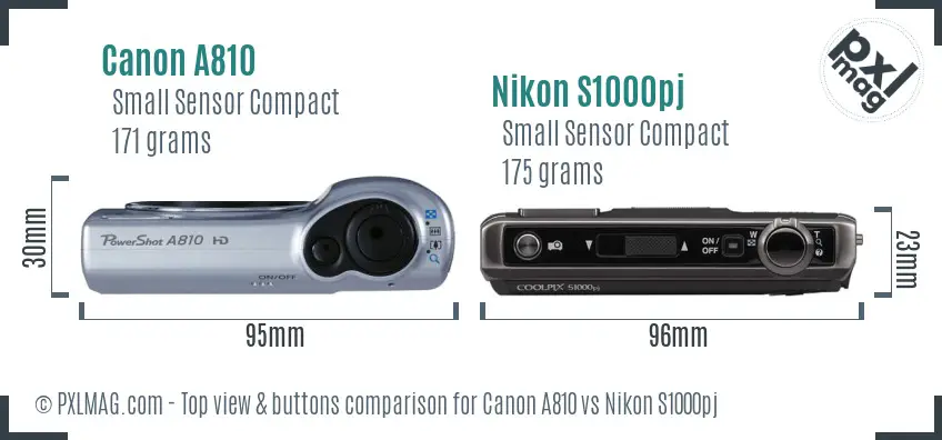 Canon A810 vs Nikon S1000pj top view buttons comparison