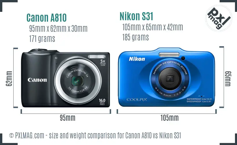 Canon A810 vs Nikon S31 size comparison