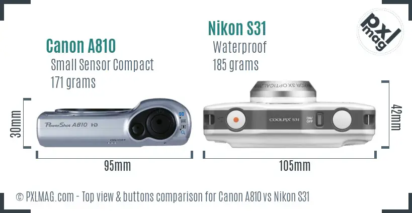 Canon A810 vs Nikon S31 top view buttons comparison