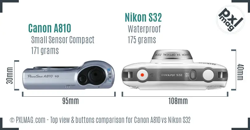 Canon A810 vs Nikon S32 top view buttons comparison