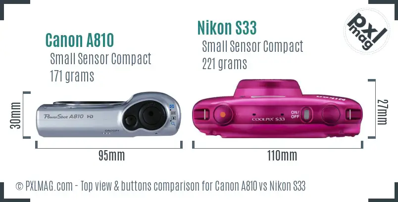 Canon A810 vs Nikon S33 top view buttons comparison