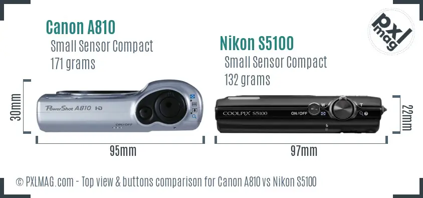 Canon A810 vs Nikon S5100 top view buttons comparison