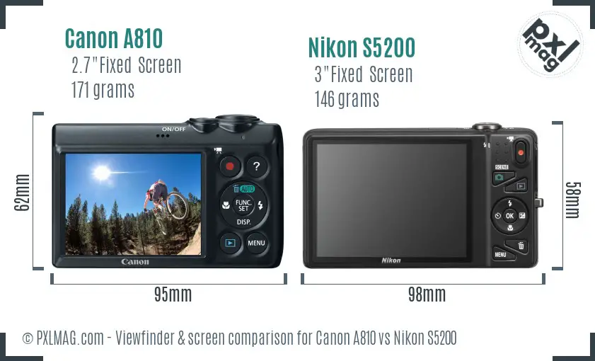 Canon A810 vs Nikon S5200 Screen and Viewfinder comparison