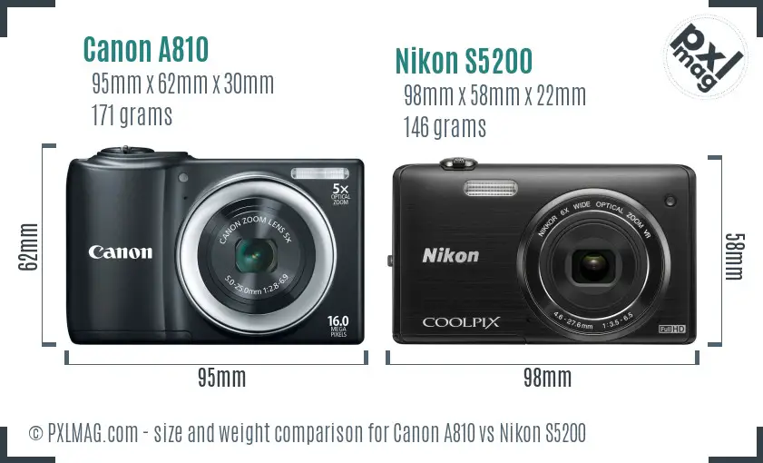 Canon A810 vs Nikon S5200 size comparison