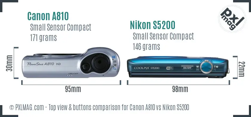 Canon A810 vs Nikon S5200 top view buttons comparison