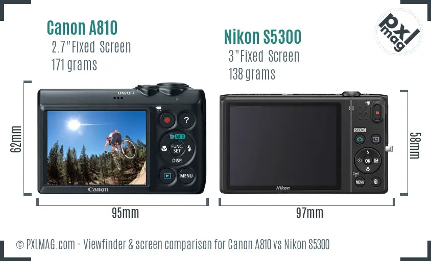 Canon A810 vs Nikon S5300 Screen and Viewfinder comparison
