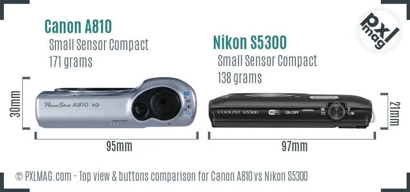 Canon A810 vs Nikon S5300 top view buttons comparison
