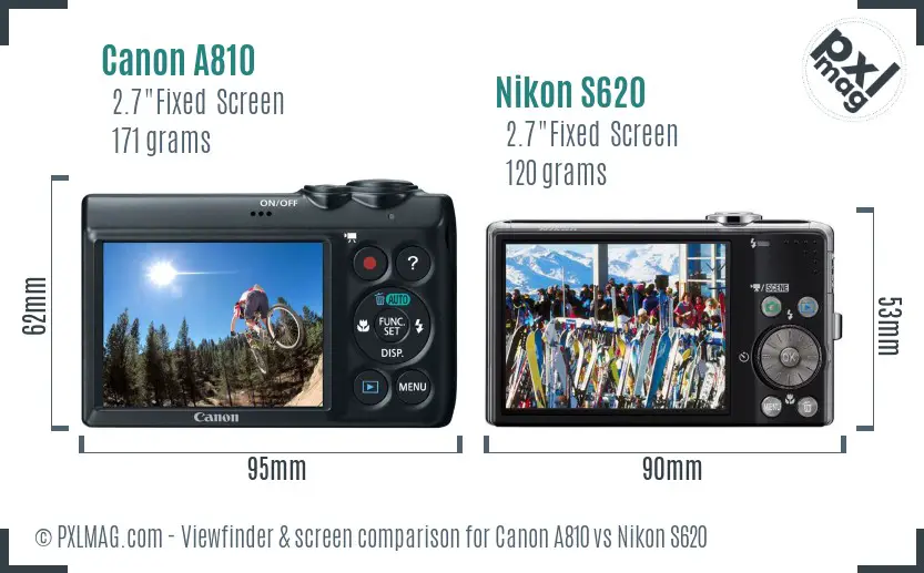 Canon A810 vs Nikon S620 Screen and Viewfinder comparison