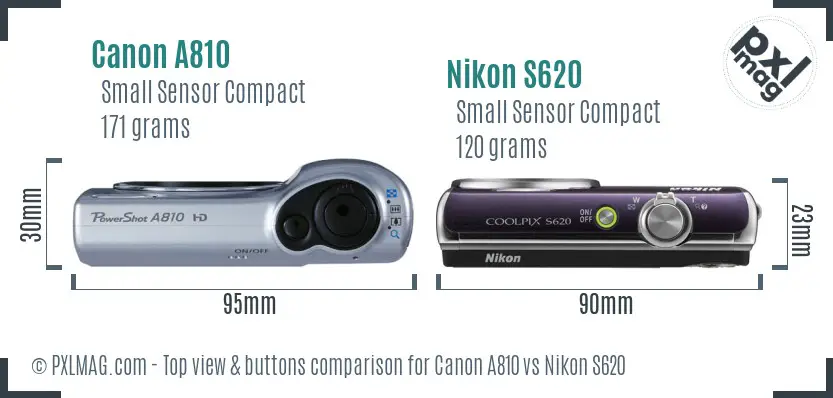 Canon A810 vs Nikon S620 top view buttons comparison