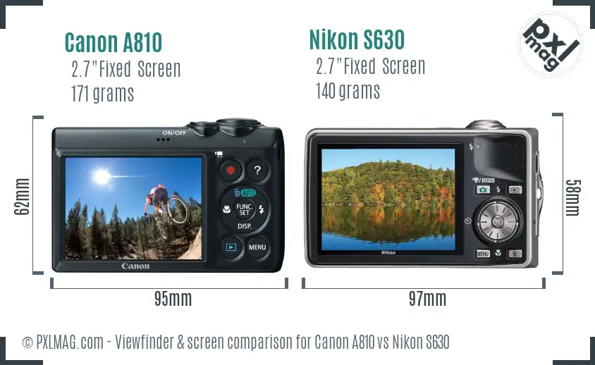 Canon A810 vs Nikon S630 Screen and Viewfinder comparison