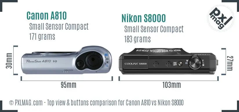 Canon A810 vs Nikon S8000 top view buttons comparison Canon A810 vs Nikon S8000 top view buttons comparison