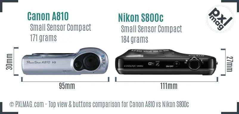 Canon A810 vs Nikon S800c top view buttons comparison