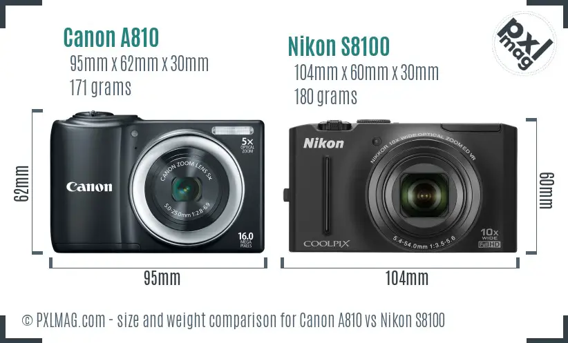 Canon A810 vs Nikon S8100 size comparison