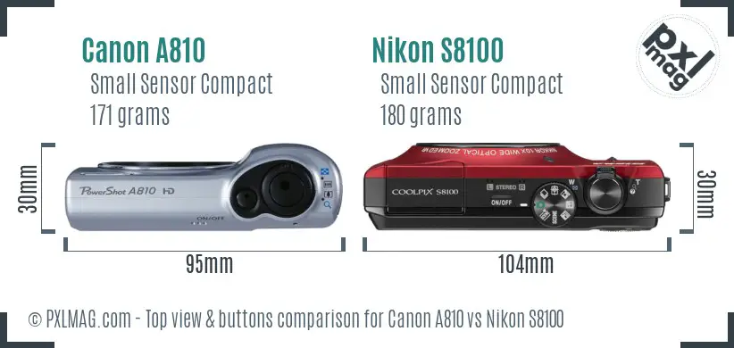 Canon A810 vs Nikon S8100 top view buttons comparison