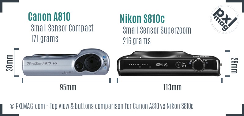 Canon A810 vs Nikon S810c top view buttons comparison