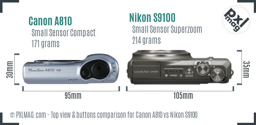 Canon A810 vs Nikon S9100 top view buttons comparison