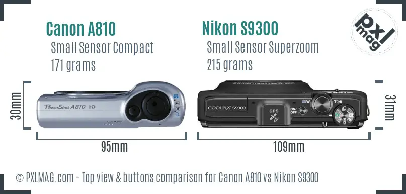 Canon A810 vs Nikon S9300 top view buttons comparison