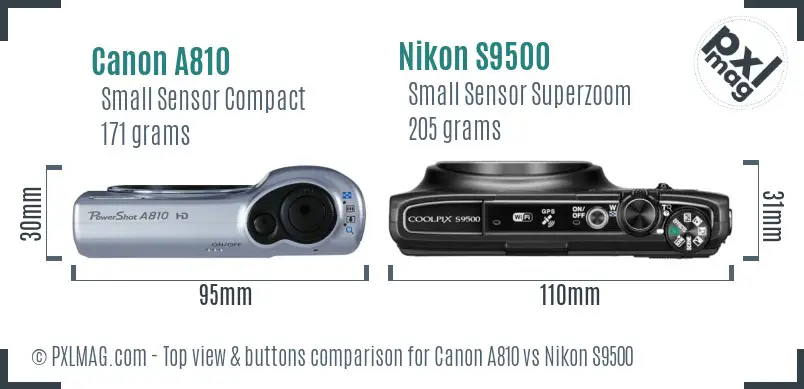 Canon A810 vs Nikon S9500 top view buttons comparison