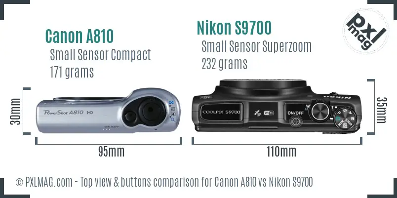 Canon A810 vs Nikon S9700 top view buttons comparison