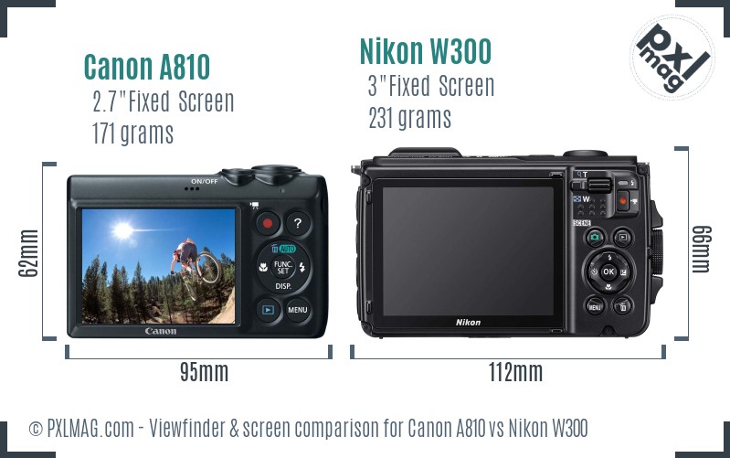 Canon A810 vs Nikon W300 Screen and Viewfinder comparison