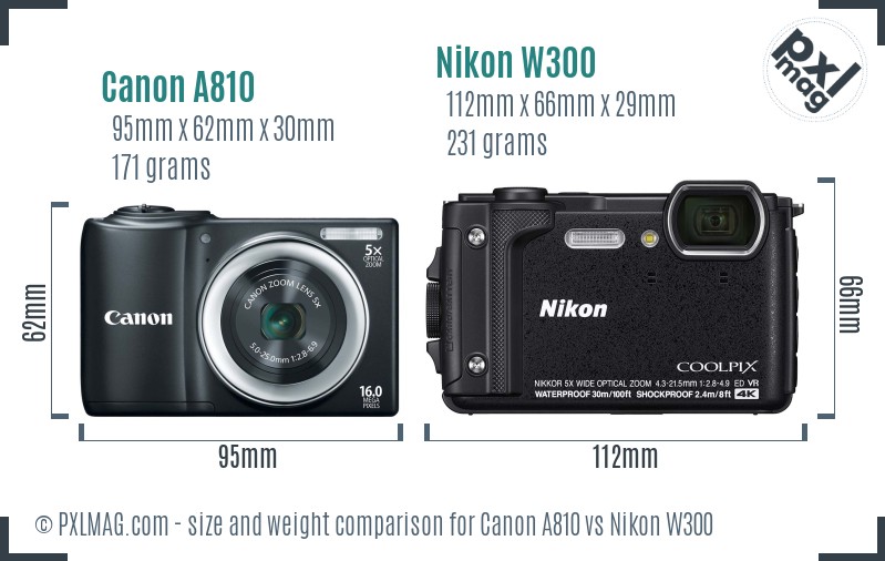 Canon A810 vs Nikon W300 size comparison
