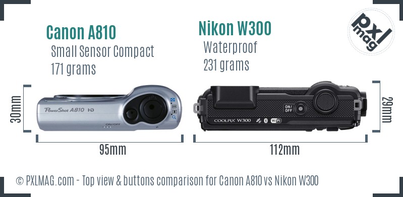 Canon A810 vs Nikon W300 top view buttons comparison