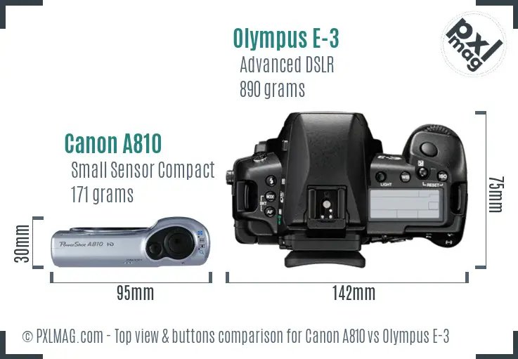 Canon A810 vs Olympus E-3 top view buttons comparison