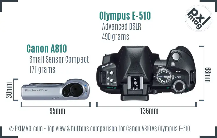 Canon A810 vs Olympus E-510 top view buttons comparison
