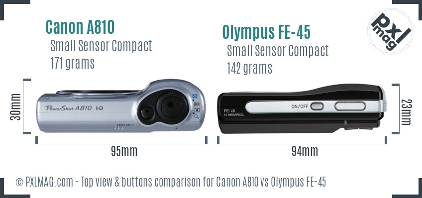 Canon A810 vs Olympus FE-45 top view buttons comparison