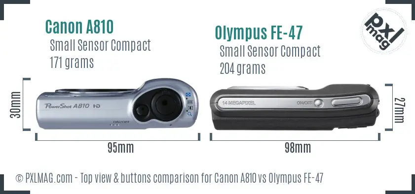 Canon A810 vs Olympus FE-47 top view buttons comparison