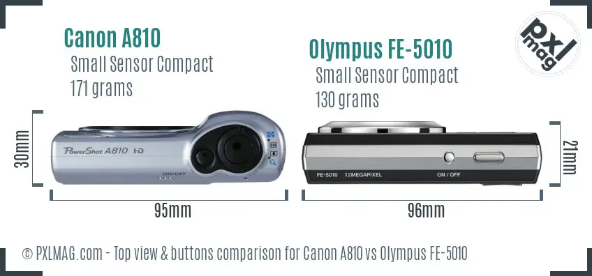 Canon A810 vs Olympus FE-5010 top view buttons comparison