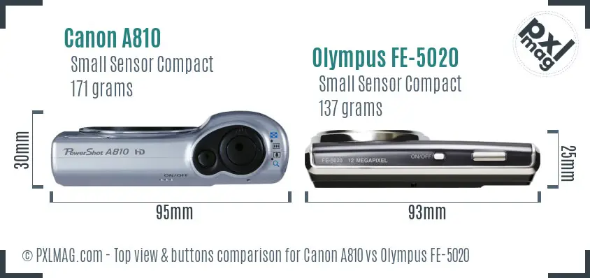 Canon A810 vs Olympus FE-5020 top view buttons comparison