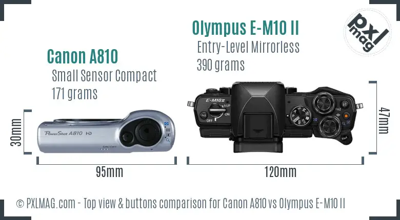 Canon A810 vs Olympus E-M10 II top view buttons comparison