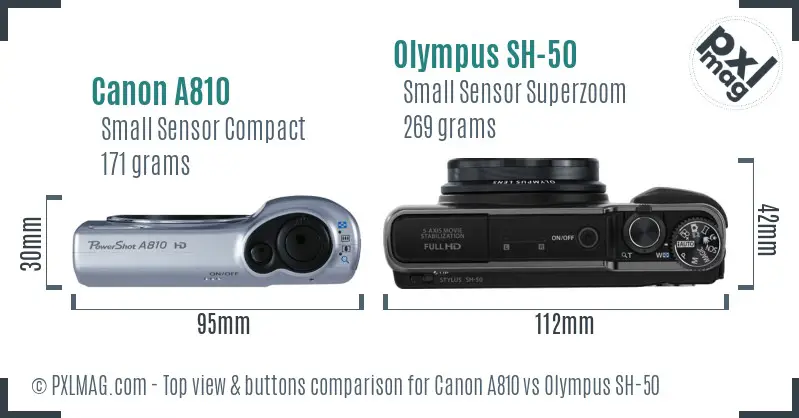 Canon A810 vs Olympus SH-50 top view buttons comparison