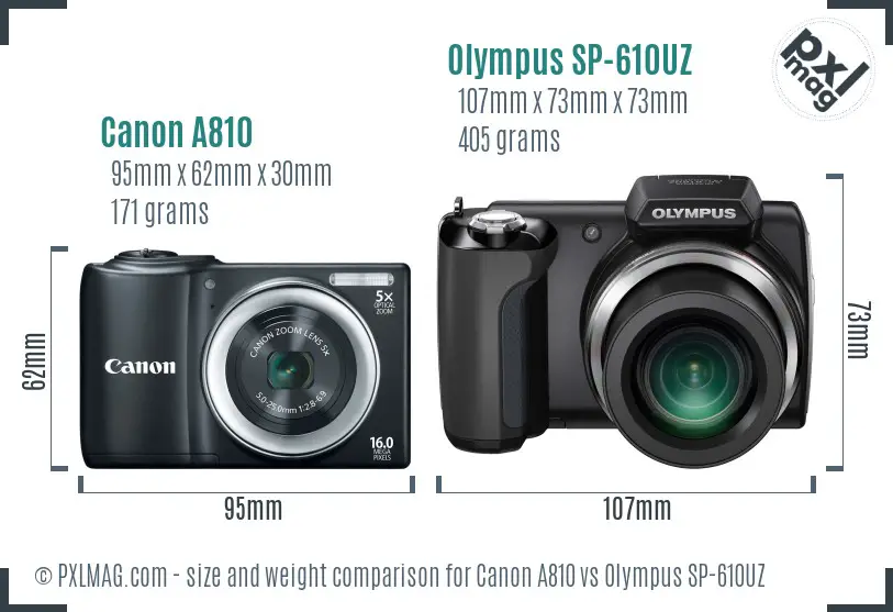 Canon A810 vs Olympus SP-610UZ size comparison Canon A810 vs Olympus SP-610UZ size comparison