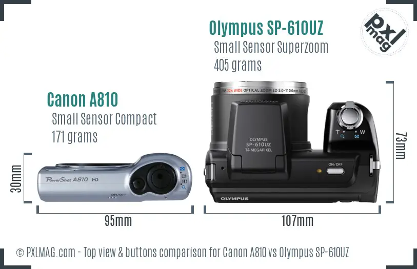 Canon A810 vs Olympus SP-610UZ top view buttons comparison