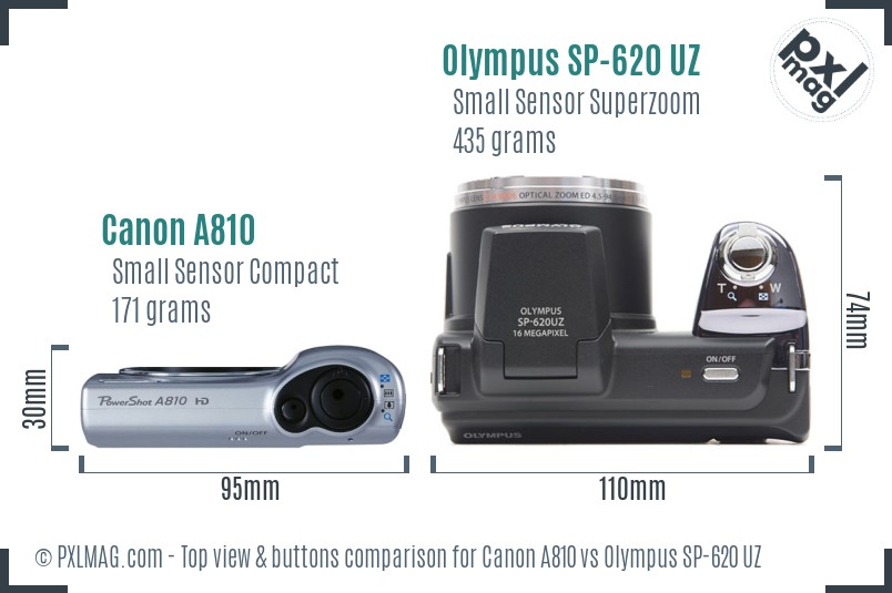 Canon A810 vs Olympus SP-620 UZ top view buttons comparison