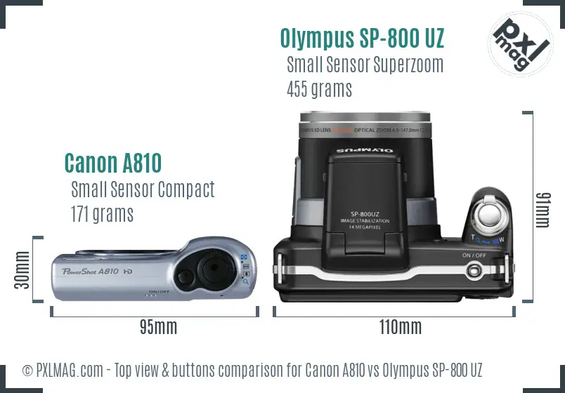 Canon A810 vs Olympus SP-800 UZ top view buttons comparison