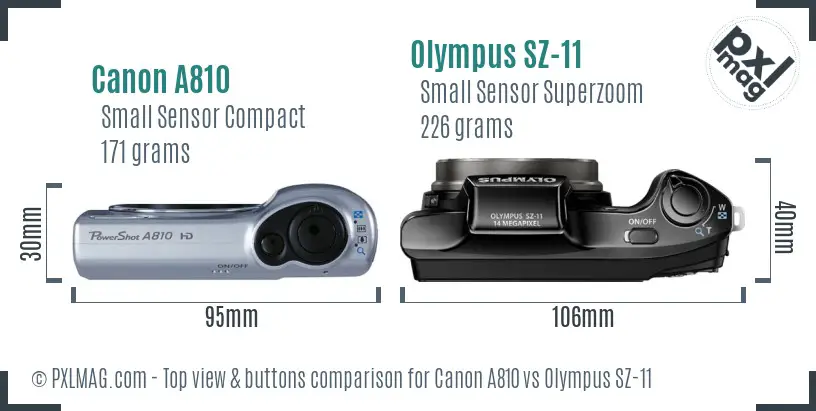 Canon A810 vs Olympus SZ-11 top view buttons comparison