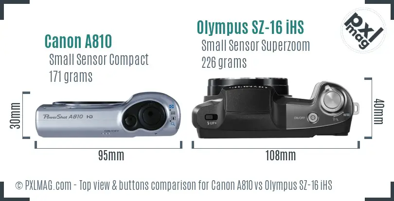 Canon A810 vs Olympus SZ-16 iHS top view buttons comparison Canon A810 vs Olympus SZ-16 iHS top view buttons comparison
