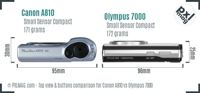 Canon A810 vs Olympus 7000 top view buttons comparison