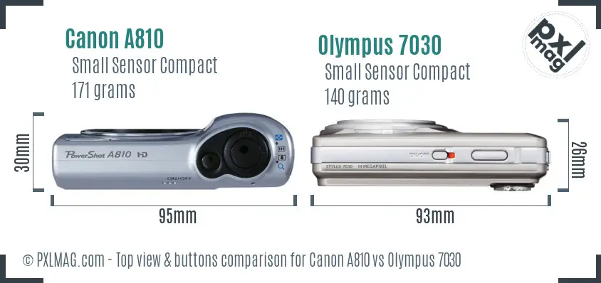 Canon A810 vs Olympus 7030 top view buttons comparison
