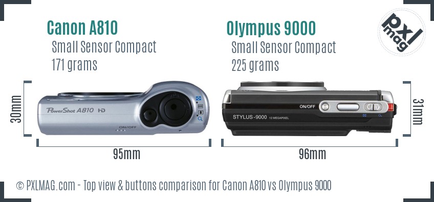 Canon A810 vs Olympus 9000 top view buttons comparison