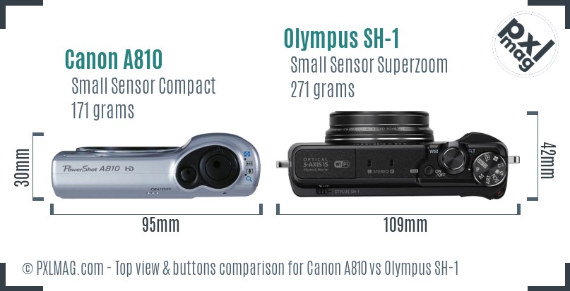 Canon A810 vs Olympus SH-1 top view buttons comparison
