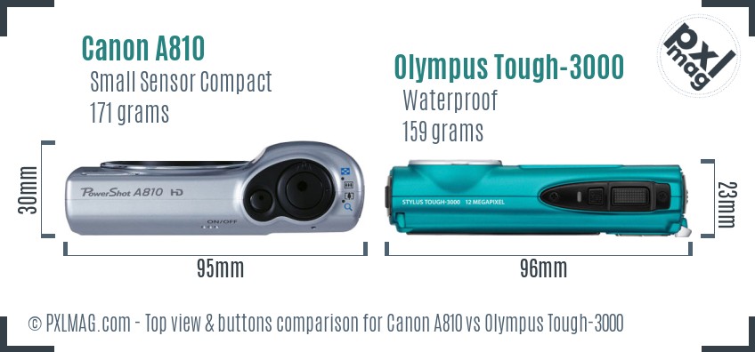 Canon A810 vs Olympus Tough-3000 top view buttons comparison